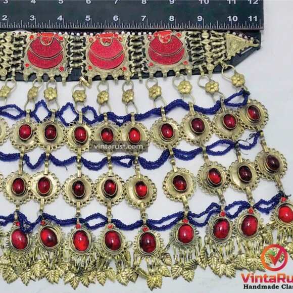 Red Choker Necklace, Vintage Layered Oversized Necklace With Red Glass Stones, - Picture 9 of 10